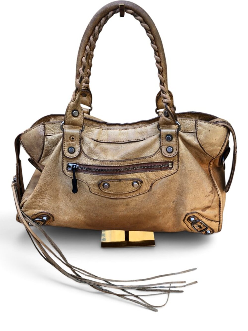 Vintage Balenciaga First Motorcycle Purse Shoulder Bag Camel Brown Leather